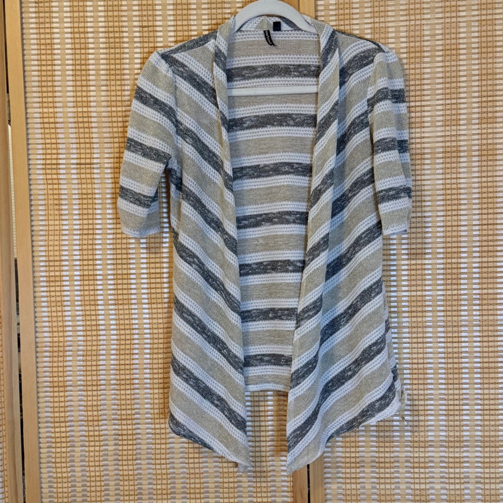 HeartSoul Womens Large Striped Open Front Cardigan Grey Beige Short Sleeve Knit